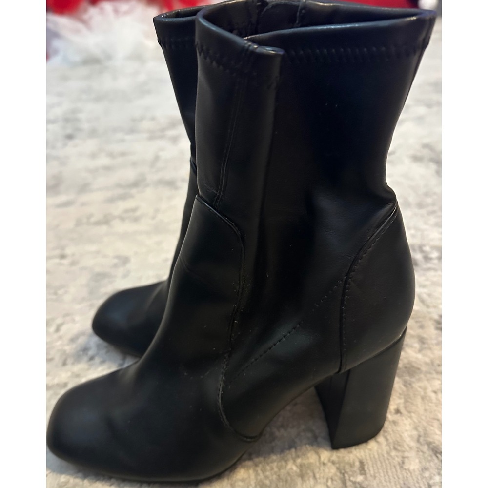 Womens Black Faux Leather Square Toe Block Heel Ankle Boots Size 6 Side Zip